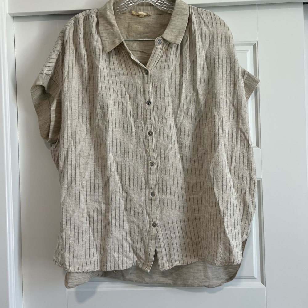 Striped Beige Button-Up Linen Shirt